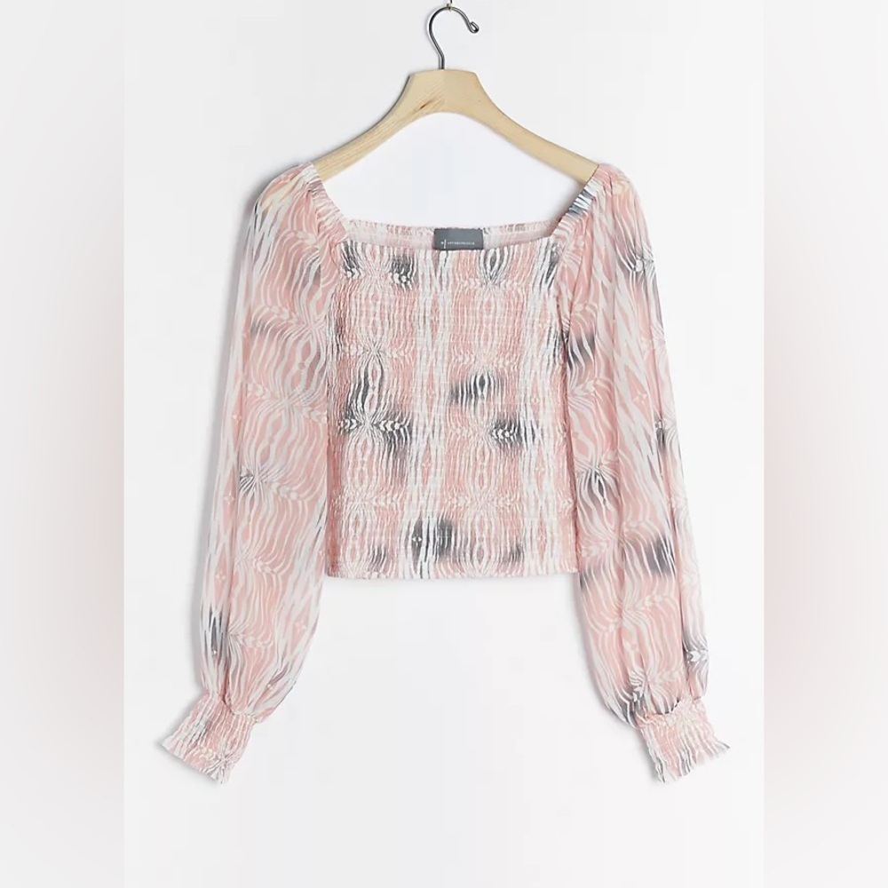 Anthropologie - Rouen Coral Watercolor Abstract Smocked Square Neck Blouse Med
